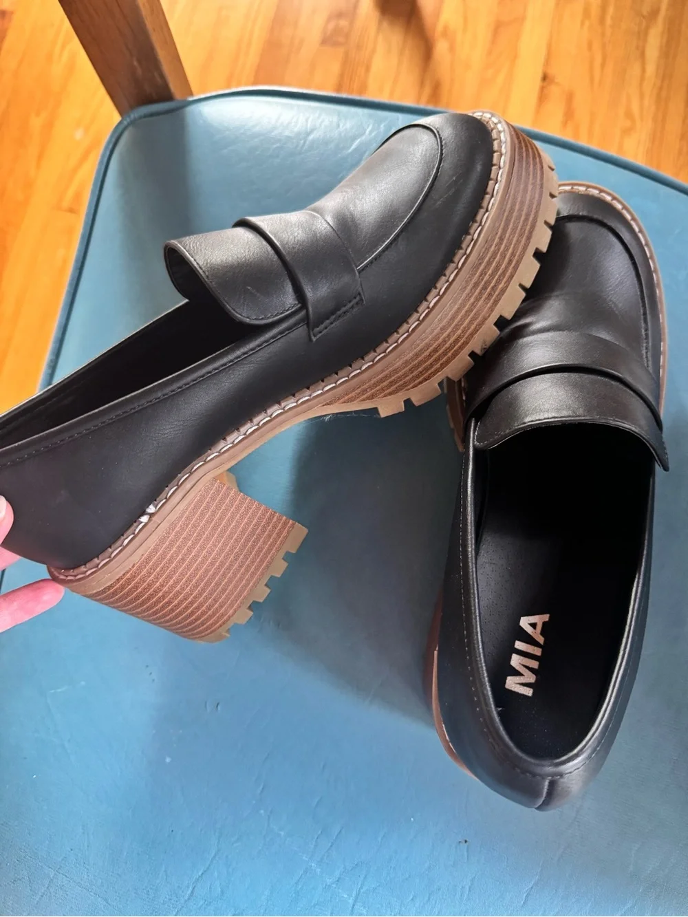 MIA Black Leather Platform Loafers with Wood-Effect Sole